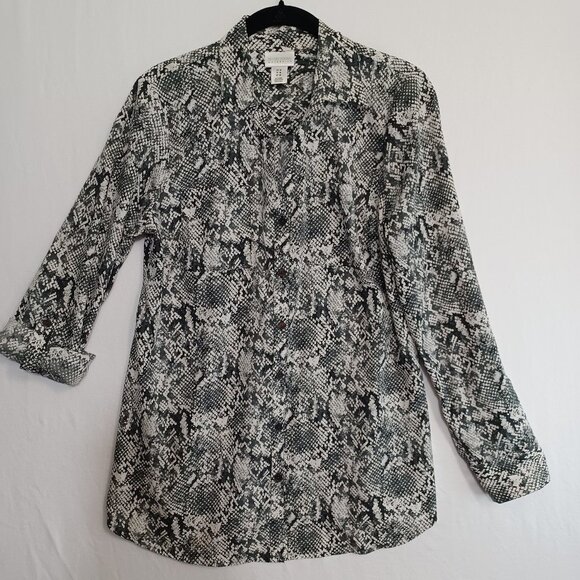 Motherhood Maternity Blouse Snake Print Gray Reptile Button Up Womens Medium - Picture 1 of 7